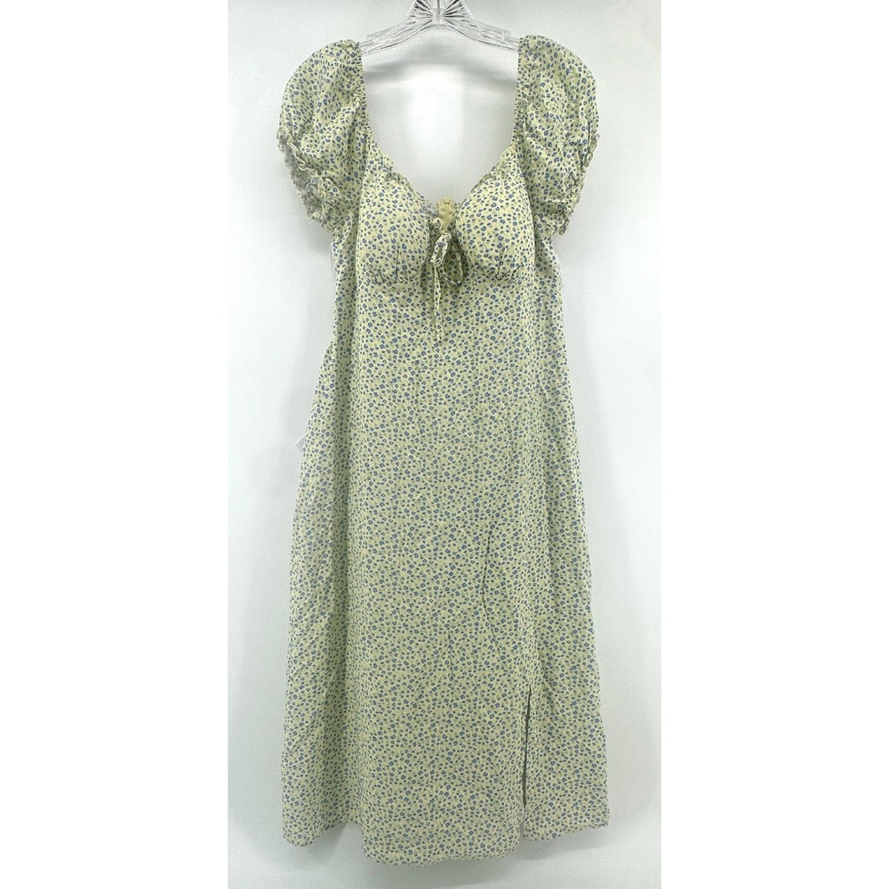 No Boundaries Yellow Blue Floral Puff Sleeve Midi Dress Milkmaid Cottagecore